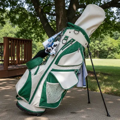 A clean canvas golf bag air-drying in a shaded, well-ventilated outdoor area, with all pockets unzipped.