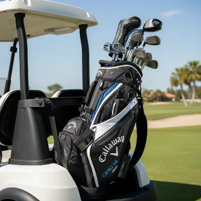 Callaway ORG 14 Cart Bag 2026 secured on a golf cart on a sunny day.