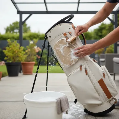 A golf bag being gently hand-scrubbed with a soft brush and mild soap solution, outdoors in a well-lit, shaded area.