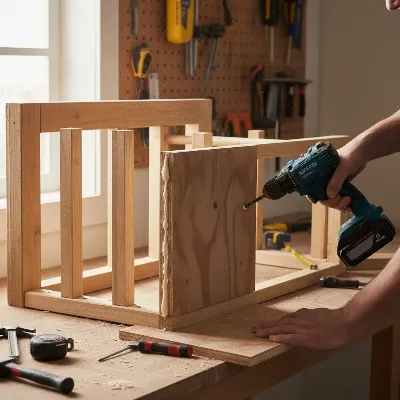 A close-up of hands working on a DIY golf bag storage rack, showing the assembly process with plywood and tools.