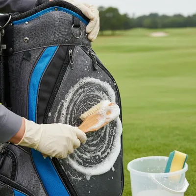 A person meticulously cleaning a golf bag with a soft brush and mild soap solution, outdoors in a shaded area, with clubs removed.