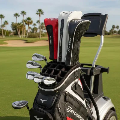 A neatly organized 14-way golf cart bag with clubs placed from longest to shortest.