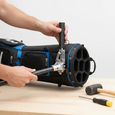A person replacing a broken stand leg on a golf bag with a new carbon fiber leg, tools on a table.