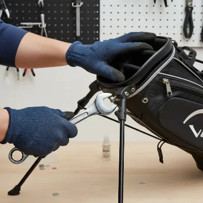 Golfer tightening a loose pivot bolt on a golf bag stand leg mechanism with a wrench on a workbench.