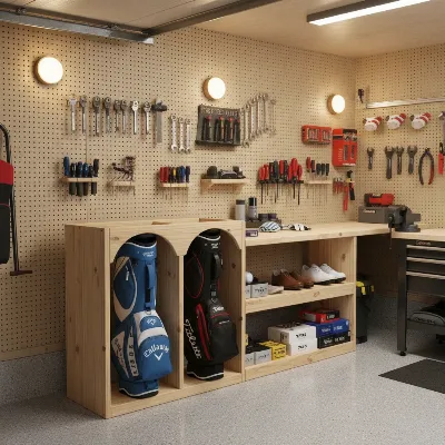 A neatly organized garage with a DIY plywood golf bag storage rack holding two stand bags and various golf accessories on shelves.