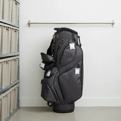 A well-organized golf bag stored upright in a clean, climate-controlled space, with silica gel packets visible in pockets.