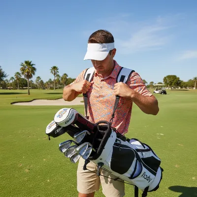 Golfer adjusting dual shoulder straps of a stand bag on a course.