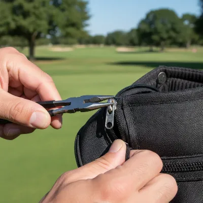 A close-up of hands using needle-nose pliers to gently adjust a golf bag zipper slider, with a golf course in the blurred background.