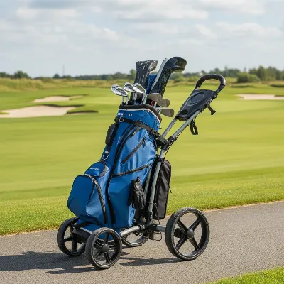 A golf cart bag securely fastened to a push cart on a golf course pathway, full of clubs and accessories