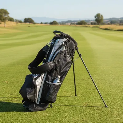 A sleek, lightweight golf stand bag with a dual-strap system resting on a vibrant green golf course fairway under a bright sky.