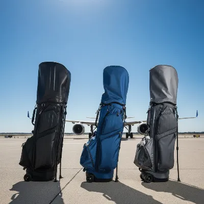 Various types of golf travel bags including hard case, soft case, and hybrid, arranged on an airport tarmac with a plane in the background