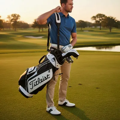 Golfer adjusting the premium double strap of a Titleist Players stand bag on a sunny course.