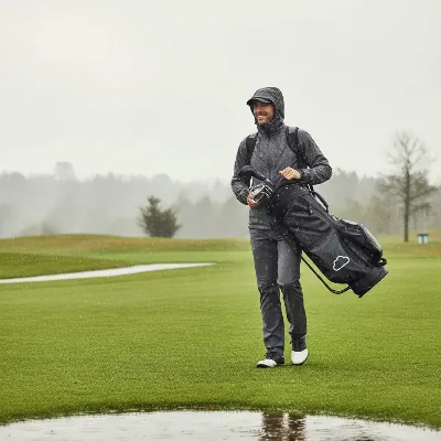 Golfer walking on a golf course in light rain, carrying a waterproof stand bag.