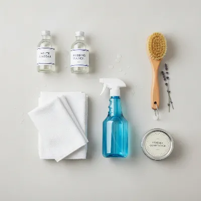 Essential supplies for DIY mold removal from a leather golf bag, including vinegar, alcohol, cloths, and brushes.