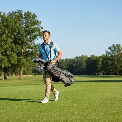 A golfer carrying a lightweight stand bag on a sunny golf course, illustrating ease of mobility.