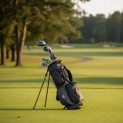 A lightweight golf stand bag with its legs extended on a green golf course with trees in the background, late afternoon sun