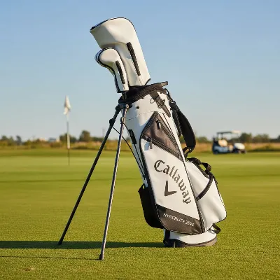A Callaway Hyperlite Zero stand bag with carbon fiber legs on a green golf course.