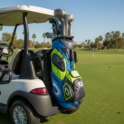 Ogio Woode 15 Cart Golf Bag securely fastened on a golf cart on a sunny course, highlighting its accessible pockets and club organization.