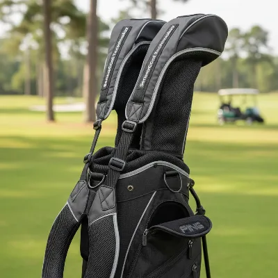 Close-up of the Ping Hoofer golf bag's comfortable dual-strap system and accessible pockets, highlighting its ergonomic design.