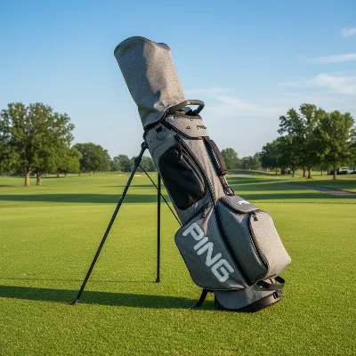 Ping Hoofer stand golf bag standing on a vibrant green golf course, showcasing its deployed legs and sleek design.