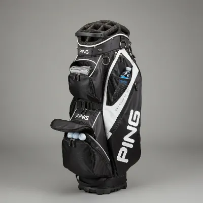 A high-quality PING Pioneer 14-way golf cart bag with all its features highlighted.