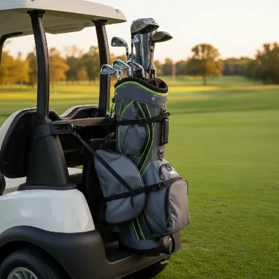 A golf stand bag being securely strapped onto the back of a riding golf cart