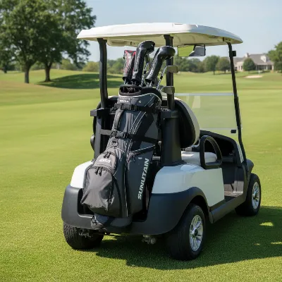 Sun Mountain C-130 cart bag securely fastened on a golf cart with clubs organized.
