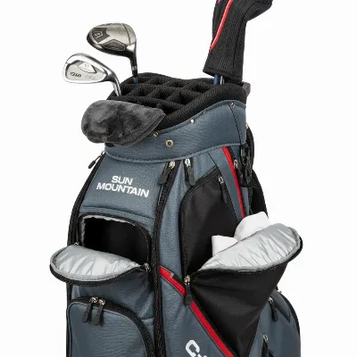Close-up of Sun Mountain C-130 golf bag's 14-way top and multiple accessible pockets.