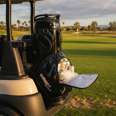 Sunday Golf Big Rig Cart Bag with spacious cooler pocket, filled with ice and drinks