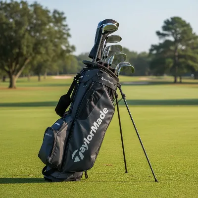 A TaylorMade FlexTech stand golf bag standing upright on a green golf course fairway under sunlight, with golf clubs visible in the top opening.