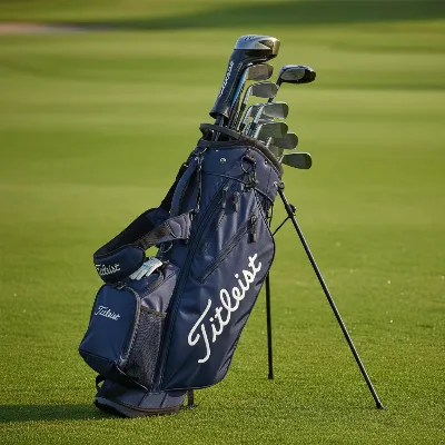 A Titleist Players S4 Stand Bag resting on a lush green golf course fairway under a clear sky.