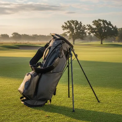 Vessel Player III Stand Golf Bag standing securely on a lush green golf course, showcasing its carbon fiber legs and Equilibrium 2.0 strap system.
