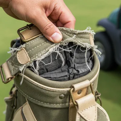 Close-up of hand inspecting worn golf bag strap.